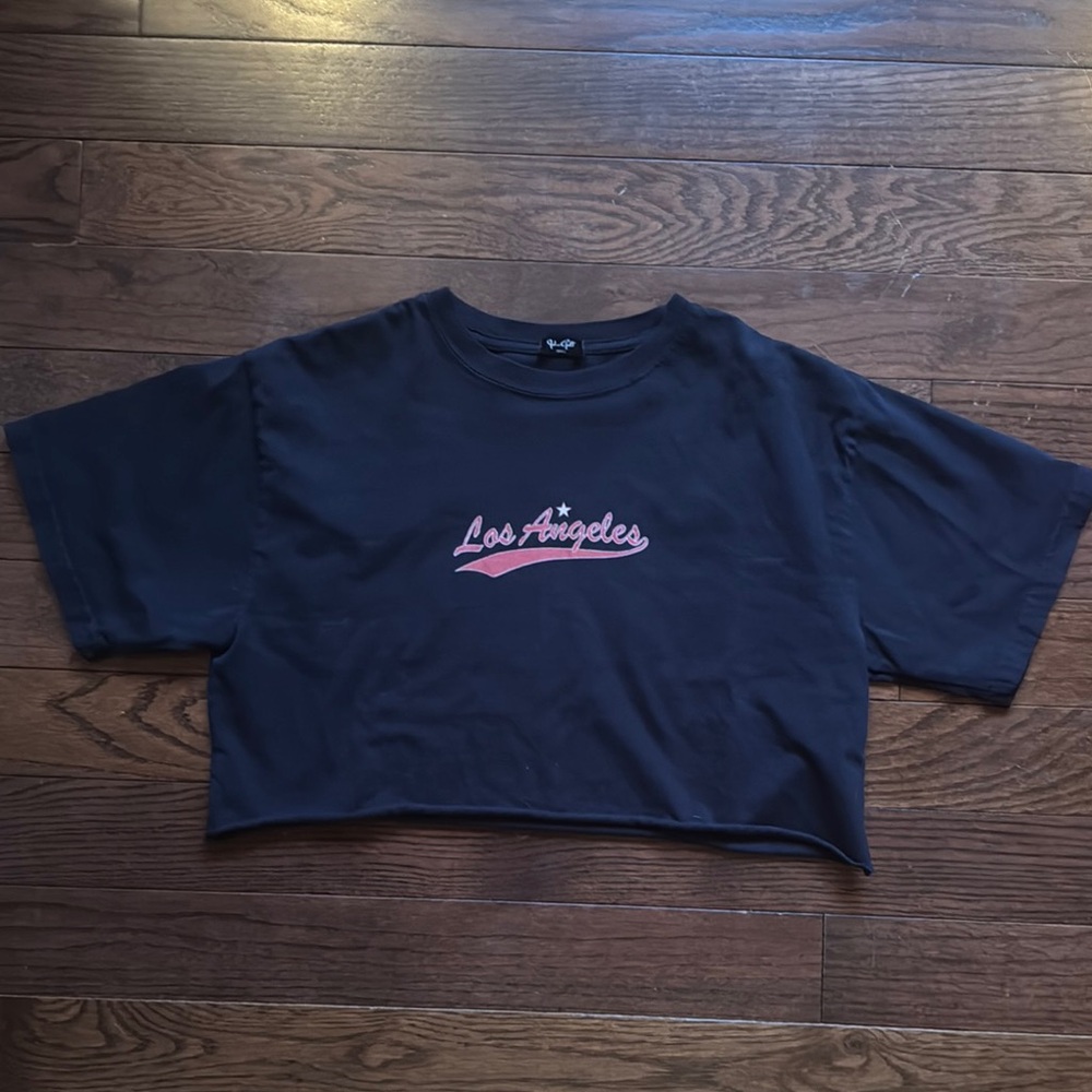 Brandy Melville Navy Blue Crop Top with Pink Logo